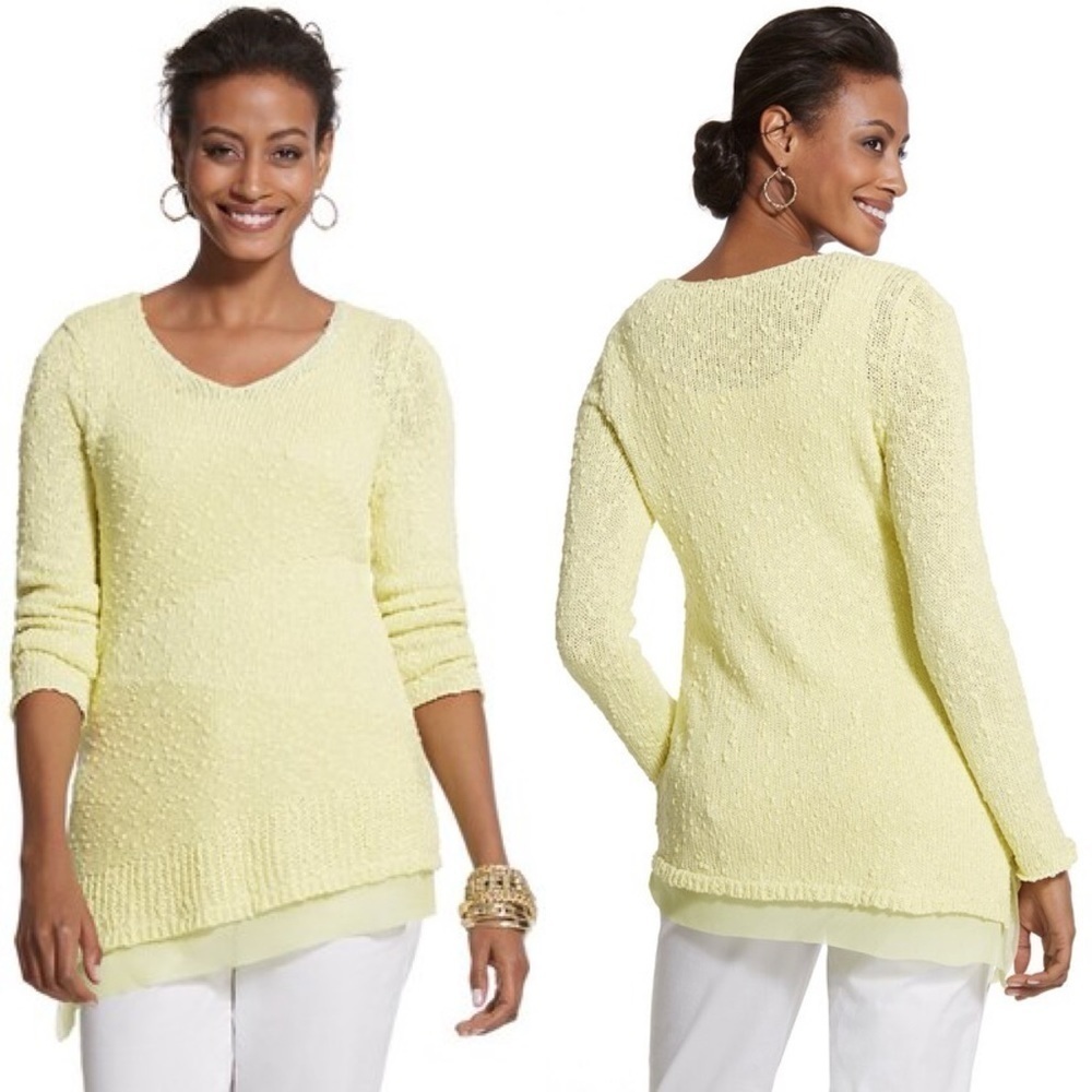 Chico’s Asymmetrical Hem Abby Pullover Textured Knit Sweater Lemongrass Green M